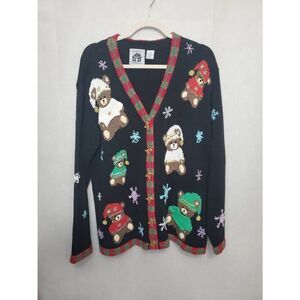 Storybook Knits Vintage Christmas Teddy Bears Ugly Cardigan V Neck Sweater